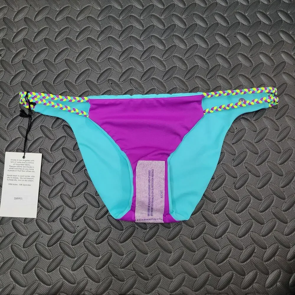 Pepper Swimwear Bikini Bottoms Small Reversible Purple Blue Braided NWT